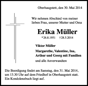 Traueranzeige von Erika Müller von Schwarzwälder Bote