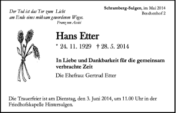 Traueranzeige von Hans Etter von Schwarzwälder Bote