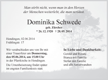 Traueranzeige von Dominika Schwede von Schwarzwälder Bote
