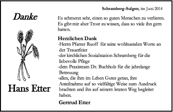 Traueranzeige von Hans Etter von Schwarzwälder Bote