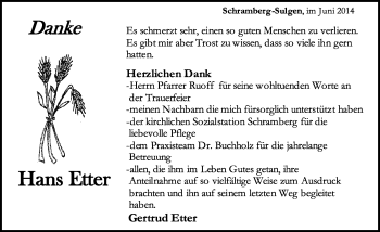 Traueranzeige von Hans Etter von Schwarzwälder Bote