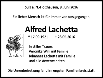 Traueranzeige von Alfred Lachetta von Schwarzwälder Bote