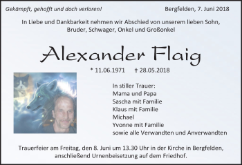 Traueranzeige von Alexander Flaig von Schwarzwälder Bote