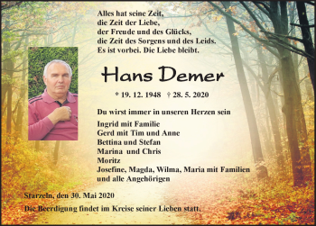 Traueranzeige von Hans Demer von Schwarzwälder Bote