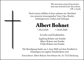 Traueranzeige von Albert Bohnet von Schwarzwälder Bote