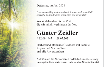 Traueranzeige von Günter Zeidler von Schwarzwälder Bote