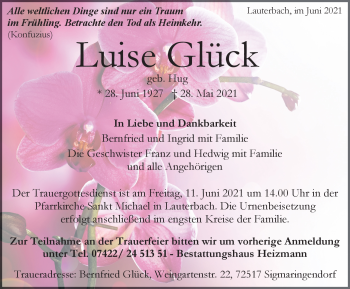 Traueranzeige von Luise Glück von Schwarzwälder Bote