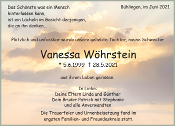 Traueranzeige von Vanessa Wöhrstein von Schwarzwälder Bote
