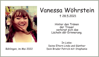 Traueranzeige von Vanessa Wöhrstein von Schwarzwälder Bote