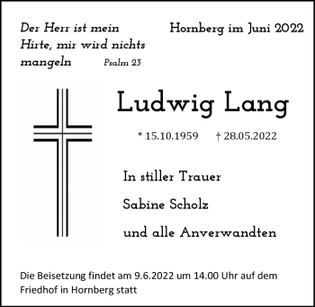 Traueranzeige von Ludwig Lang von Schwarzwälder Bote