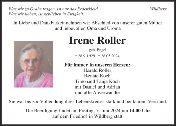 Traueranzeige von Irene Roller von Schwarzwälder Bote