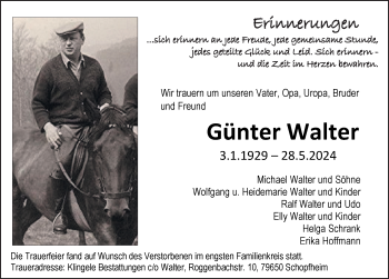 Traueranzeige von Günter Walter von Schwarzwälder Bote