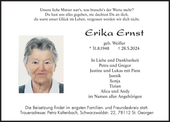 Traueranzeige von Erika Ernst von Schwarzwälder Bote