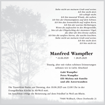 Traueranzeige von Manfred Wampfler von Schwarzwälder Bote