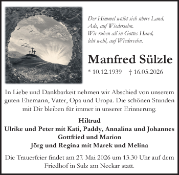 Traueranzeige von Manfred Sülzle von Schwarzwälder Bote