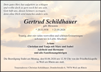 Traueranzeige von Gertrud Schildhauer von Schwarzwälder Bote
