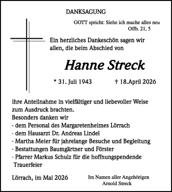 Traueranzeige von Hanne Streck von Schwarzwälder Bote