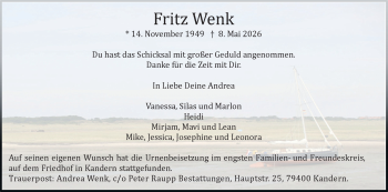 Traueranzeige von Fritz Wenk von Schwarzwälder Bote