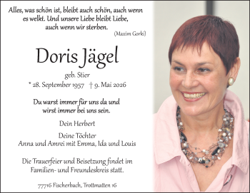 Traueranzeige von Doris Jägel von Schwarzwälder Bote