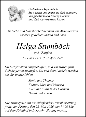 Traueranzeige von Helga Stumböck von Schwarzwälder Bote