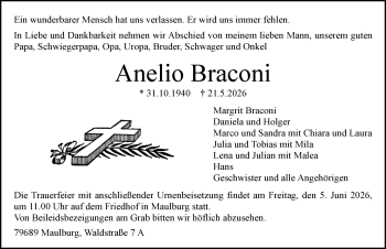 Traueranzeige von Anelio Braconi von Schwarzwälder Bote