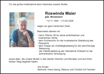 Traueranzeige von Roswinda Maier von Schwarzwälder Bote