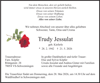 Traueranzeige von Trudy Jessulat von Schwarzwälder Bote