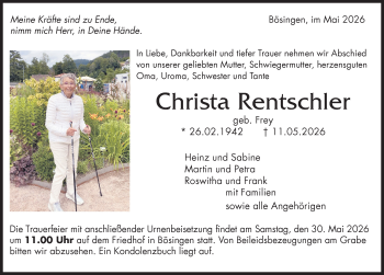 Traueranzeige von Christa Rentschler von Schwarzwälder Bote