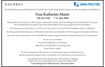 Traueranzeige von Katharine Maute von Schwarzwälder Bote