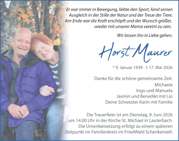 Traueranzeige von Horst Maurer von Schwarzwälder Bote
