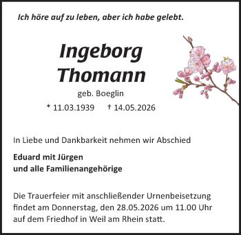 Traueranzeige von Ingeborg Thomann von Schwarzwälder Bote