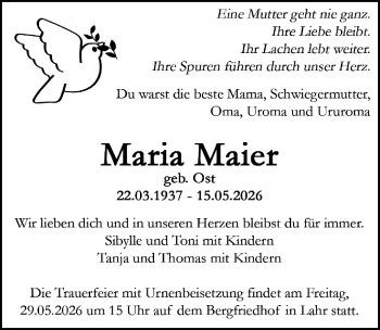 Traueranzeige von Maria Maier von Schwarzwälder Bote