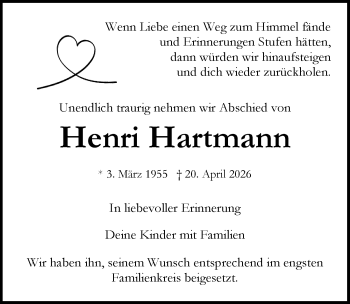 Traueranzeige von Henri Hartmann von Schwarzwälder Bote