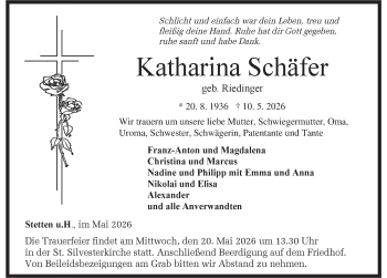Traueranzeige von Katharina Schäfer von Schwarzwälder Bote