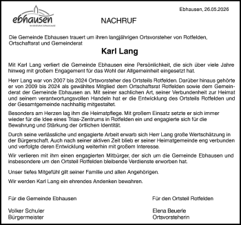 Traueranzeige von Karl Lang von Schwarzwälder Bote