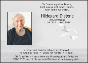 Traueranzeige von Hildegard Dieterle von Schwarzwälder Bote