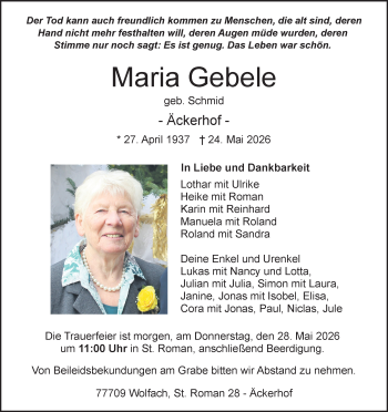 Traueranzeige von Maria Gebele von Schwarzwälder Bote