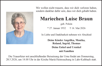 Traueranzeige von Mariechen Luise Braun von Schwarzwälder Bote
