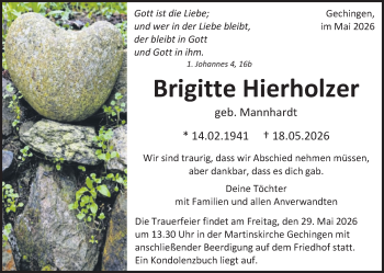 Traueranzeige von Brigitte Hierholzer von Schwarzwälder Bote