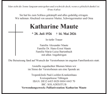 Traueranzeige von Katharine Maute von Schwarzwälder Bote