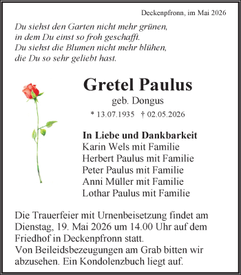 Traueranzeige von Gretel Paulus von Schwarzwälder Bote