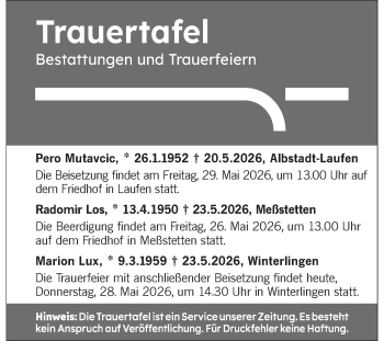 Traueranzeige von Sterbefälle 28.05.2026  von Schwarzwälder Bote