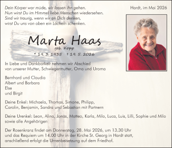 Traueranzeige von Marta Haas von Schwarzwälder Bote