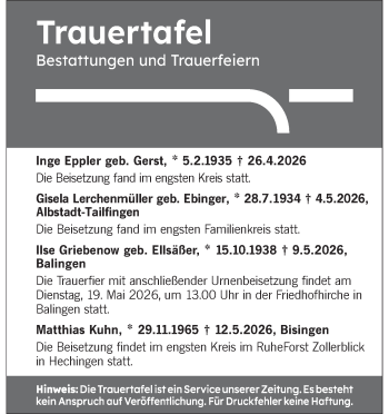 Traueranzeige von Sterbefälle vom 16.05.2026  von Schwarzwälder Bote