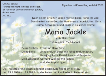 Traueranzeige von Maria Jäckle von Schwarzwälder Bote