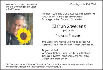 Traueranzeige von Elfrun Zwerenz von Schwarzwälder Bote