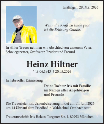 Traueranzeige von Heinz Hiltner von Schwarzwälder Bote