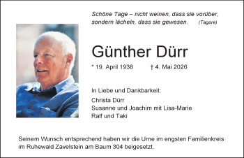 Traueranzeige von Günther Dürr von Schwarzwälder Bote