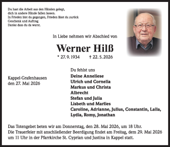 Traueranzeige von Werner Hilß von Schwarzwälder Bote