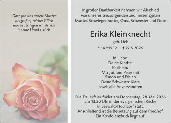 Traueranzeige von Erika Kleinknecht von Schwarzwälder Bote